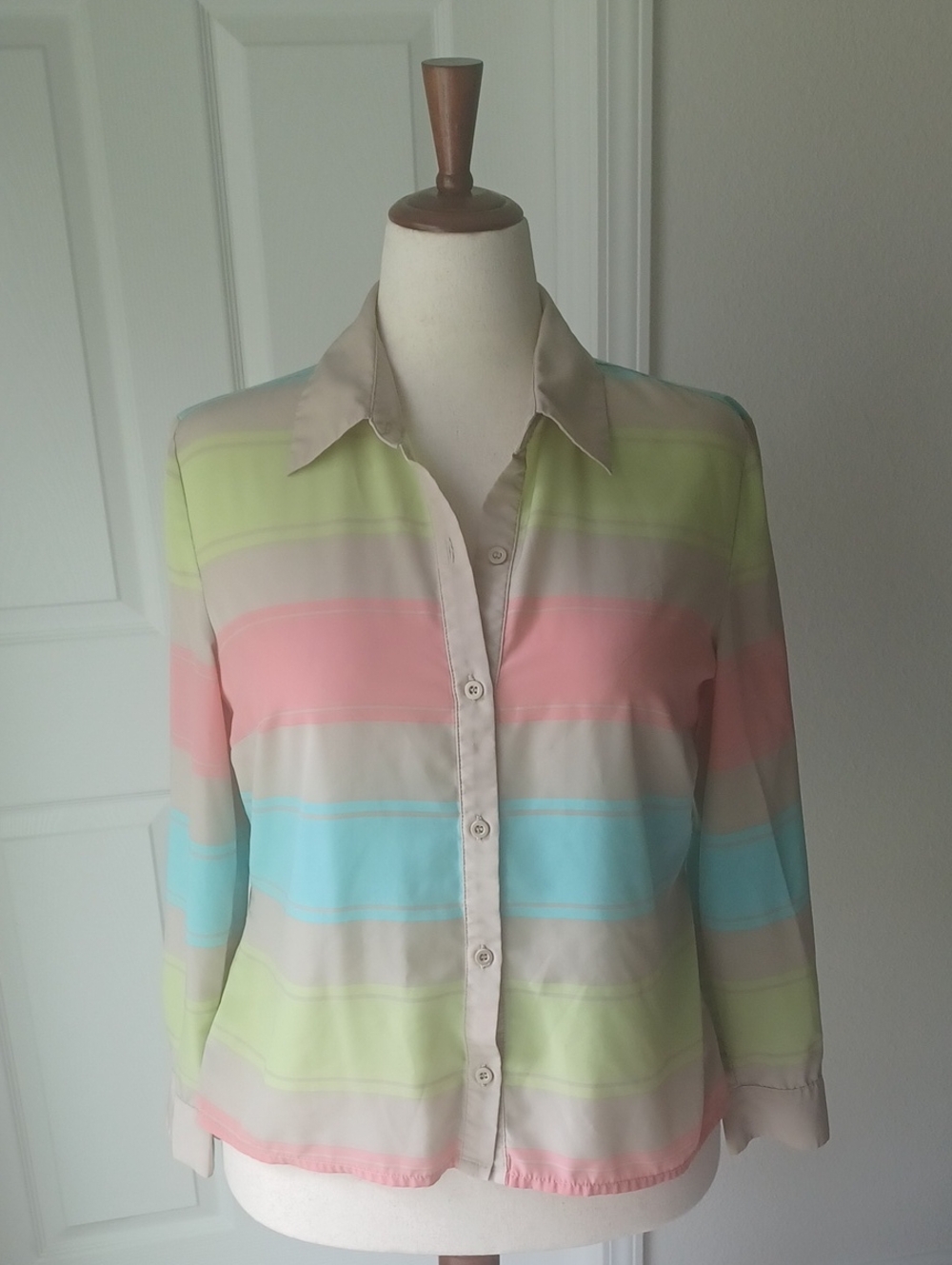 Style & Co. Pastel Striped Button-Down Shirt in Pink, Aqua, Lime & Beige LP